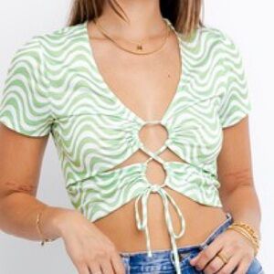 LELIS Short Sleeve Front Criss Cross Print Knit Top S